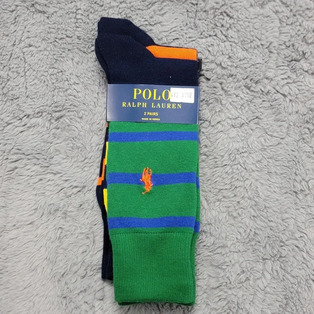 Polo Ralph Lauren Socks Mens 10-13 Green Navy Rugby Stripe Pony Crew 2 Pairs
